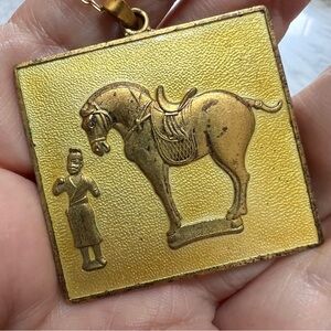 Vintage Trojan Horse Yellow Enamel Pendant Necklace from Thailand